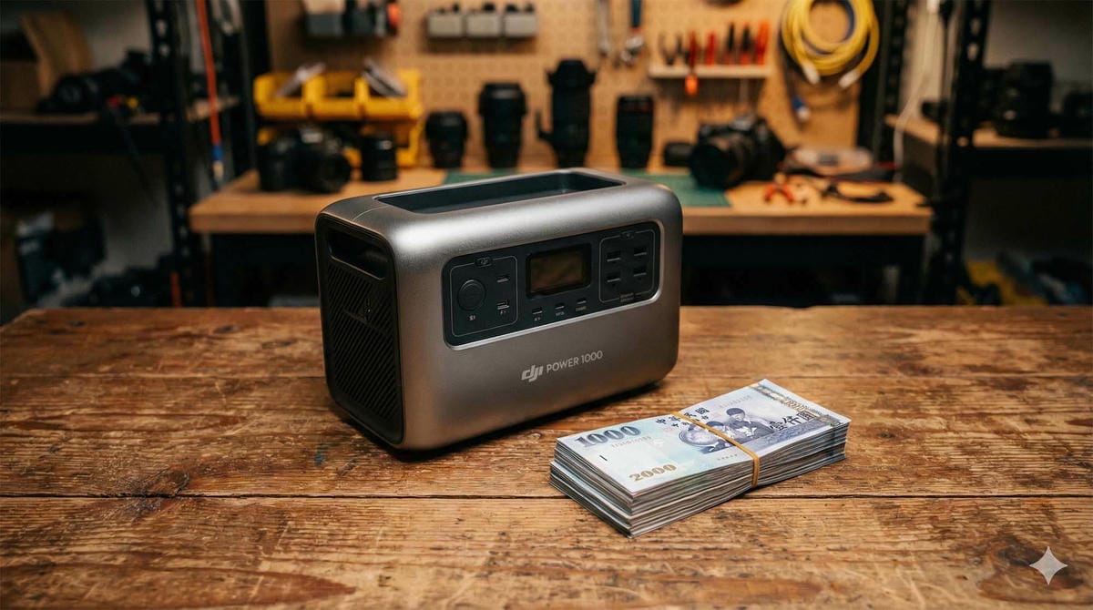 DJI Power 1000 戶外電源放置於木質桌面上，旁邊有一疊現金示意圖 (DJI Power 1000 outdoor power station placed on a wooden table with a stack of cash nearby representing buyback value).